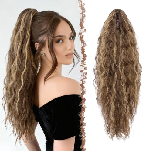 FESHFEN Coda Capelli Extension con Pinza - Lunga Ondulati Ricci Posticci Finta Sintetici Coda Cavallo Extension Ponytail per Donna, 75 cm Biondo Miele Castano Chiaro Misto