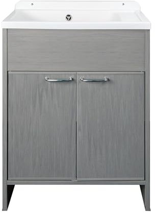 Negrari Lavadero de resina de PVC para ahorrar espacio, resistente a la humedad, bañera resistente a los ácidos de uso común, kit de desagüe con piletón de metal, 58 x 38 x 85 cm, blanco/roble