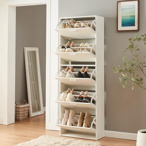 [en.casa] Schuhschrank Sykkylven Schuhkipper mit 5 Klappen Schuhkommode für 20 Paar Schuhe 169 x 60 x 24 cm Weiß