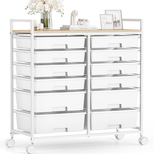 12-Schubladen-Rollwagen-Rollcontainer-Badrollwagen-Kunststoff， Vielseitiger Bastelwagen, Werkzeug- und Aufbewahrungswagen mit holzähnlicher Arbeitsplatte für Bad, Küche, Wohnzimmer,Büro, Weiß