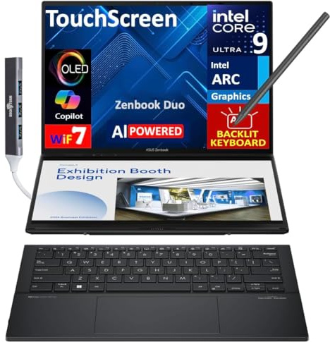 ASUS Zenbook Duo ux8406 AI Powered 2-in-1 Laptop 14.0 Touchscreen OLED 3K 120Hz Display (Intel Ultra 9-285H, 32GB LPDDR5X, 1TB PCIe SSD, Active Pen, Backlit KB, Win 11 Pro) w/DKZ USB Port Expander