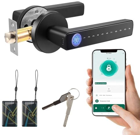 Smart Fingerprint Door Lock,Keyless Entry Keypad Door Lock with Handle,Automatic Smart Door Handle with APP Control/Fingerprint/IC Cards/Password/Backup Keys, Electronic Digital Locks Suit