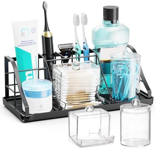 CHONLY 7 Slots Toothbrush Holder, Stainless Steel Electric Toothbrush Holder with 2 Q Tip Holder for Bathroom, Black Toothbrush and Toothpaste Holder, Detachable Bathroom Organizer with Drain Tray