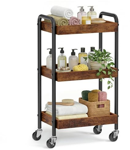 SONGMICS Carrito de Almacenamiento, Carro Auxiliar, Estantería de Cocina con Asas, Montaje Fácil, Dormitorio, Baño, Cocina, Marco de Acero, 27,5 x 41,3 x 73 cm, Marrón Rústico LRC081KD01
