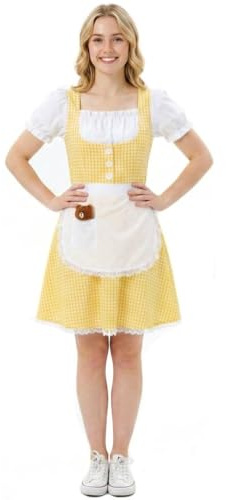Porridge Girl Adults Costume - Large - Yellow Gingham Fairytale Dress with White Apron and Plush Bear Accessory - Classic Storybook Character Fancy Dress for World Book Day & Parties