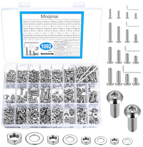 1092 Pcs M3 M4 M5 M6 Stainless Steel 304 Button Head Socket Screw Set, A2 Allen Bolts with Nuts & Washers, Metric Hex Socket Machine Screw Assortment Kit(M3-M6)