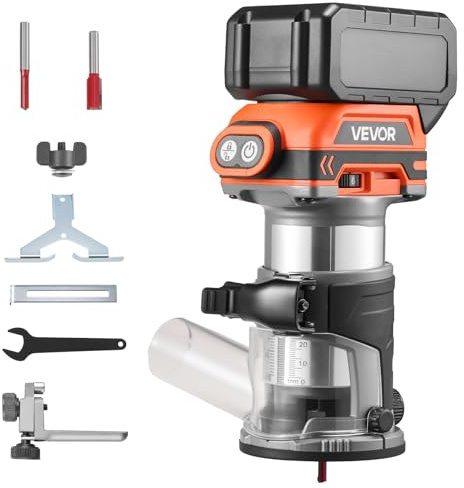 VEVOR Affleureuse sans Fil Moteur sans Balais Défonceuse Compacte 6 Vitesses Variables pour Travail Bois, Compatible avec Batterie 18 V Makita Non Incluse, avec Base Fixe, Capot d'Aspiration Poussière
