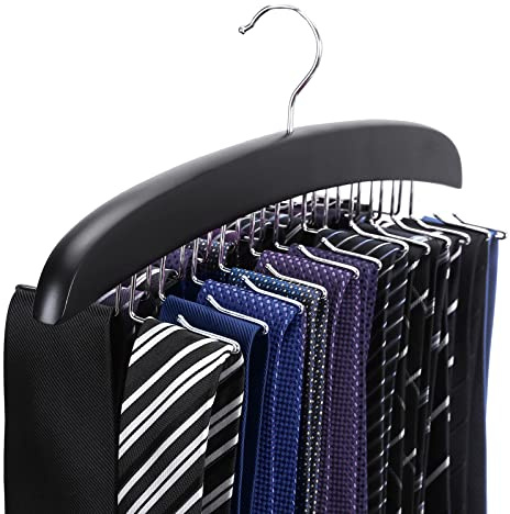 SunTrade Wooden Tie Hanger,24 Tie Organizer Rack Hanger Holder Hook (Black, 24 Hooks)
