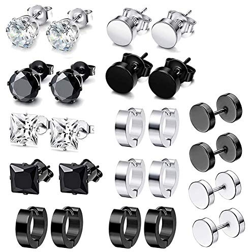 12 Pairs Men's Stainless Steel Earrings - Studs, Barbell, Ear Hoops for Men & Boys in Black