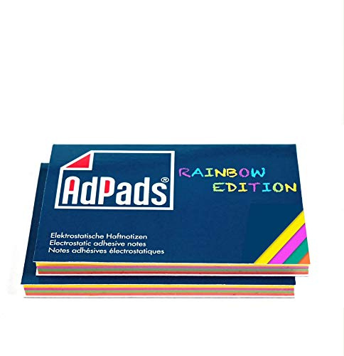 AdPads® elektrostatisch selbstklebende Haftnotizen Rainbow Edition | 100 x 68mm, 200 Blatt, Bunt | Mixed Static Sticky Notes | Beweglich und verschiebbar auf jeder Oberfläche
