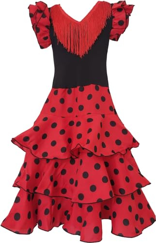 Flamifeel Flamenco-klänning, röd med svarta prickar, röd, 6 år