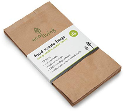 ecoLiving 10 Litre Compostable Food Waste Paper Bags (25 Paper Bin Bags) – Super Sturdy Caddy Bin Bag/Food Waste Bin Liner/Biodegradable Brown Paper Sack - Composting Food Bags