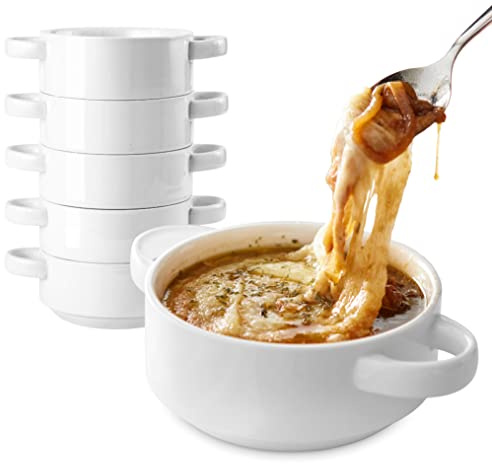 Modern Innovations 20 oz French Onion Soup Bowls with Handles in White (Set of 6) Oven and Microwave Safe Bowl, Stoneware Stackable, Large Ceramic Crocks, 2 Handle Crock
