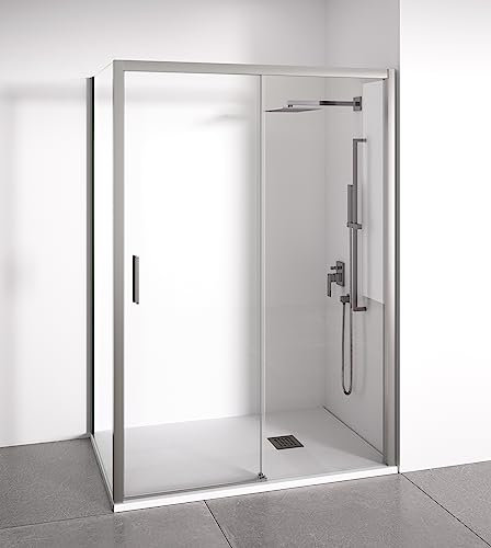 Mampara de ducha angular 1 corredera + 2 fijos - sin perfilería inferior - Cristal transparente templado 6mm - Plata Brillo - Ancho adaptable 135-140 x 77-80cm - Posición puerta izquierda - Alto 195cm