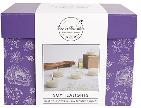 Bee & Bumble Make Your Own Soy Tealights, Makes 5 Candles, 100g Soy Wax, 5 Tealight Wicks, 4ml Vanilla Fragrance Oil, Craft Kit Set, DIY, Art And Crafts, Wax, Unique Gift