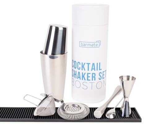 barmate Edelstahl Cocktail Shaker Set Boston, 7-teilig bestehend aus Shaker, Jigger, Barlöffel, grobes Sieb, feines Sieb, Muddler und Barmatte