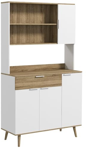 HOMCOM Credenza per Cucina Moderna, Alta, con Ripiani regolabili, Mobile Credenza e Dispensa per Cucina, Soggiorno, Salotto, con Armadietti, Cassetto, 98x39x180cm, Bianco, Legno