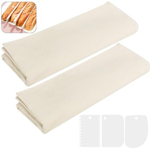 VEPEPE 2 Pezzi Panno Lievitazione Pane con 3 Raschietto per Pasta in Plastica Baguette Kit Pane Telo di Lino Lievitazione 36x48cm & 45x75cm Panno di Telo Lino Naturale per Preparazione Impasto
