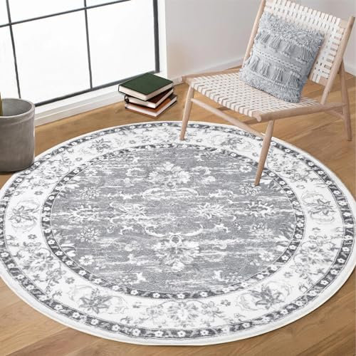 Enyhom Teppich Rund 120cm, Weich und Flauschig Teppich Gegend Kreis rutschfest Waschbar Mandala Bodenteppich Hochwertiger Robuster Küchenteppich für Wohnzimmer Schlafzimmer, Grau