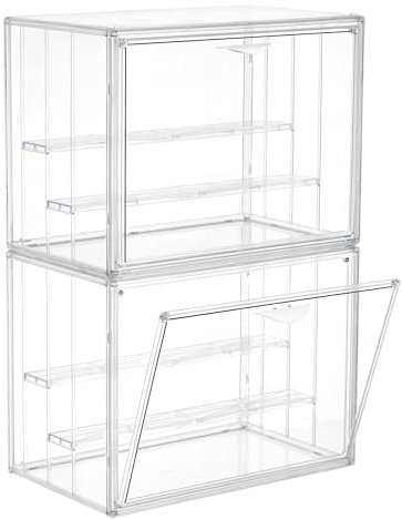 LXLXXL Acrylic Display Case for Collectibles 3 Layer Adjustable Figure Display Cases with Magnetic Door Clear Stackable Display Box for Figures Showcase 2Pack