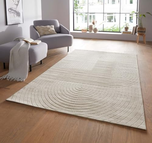 Taracarpet Moderner In & Outdoor Kurzflor Boho Skandi Designer Teppich mit 3D Effekt für Wohnzimmer Schlafzimmer und die Küche auch für Balkon und Terrasse geeignet Creme 80x150 cm