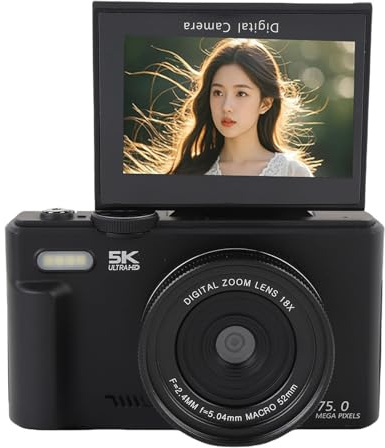 Fotocamera Digitale 5k per Fotografia con Schermata a Foglietta da 3 180 °, Fotocamera da 75 MP per YouTube, Fotocamera Compatta HD, Zoom Digitale 18XAF, Fotocamere retrò con