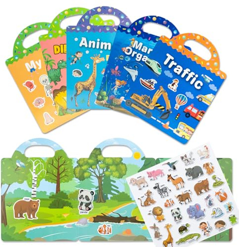 DRERIO 5 Pack Sticker Book Reusable 3D Puffy Sticker Book for Age 2-6 Year Old Boys Girls, Scene Storybook Toddlers Sticker Books Educational Learning Toy Gifts