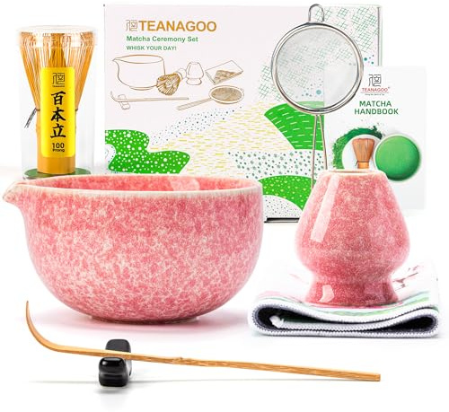 TEANAGOO Juego de batidor de matcha, juego de 7 piezas de matcha rosa, kit de ceremonia de té matcha para hacer café con leche, cuenco de cerámica (chawan) con boquilla y batidor, regalo para los