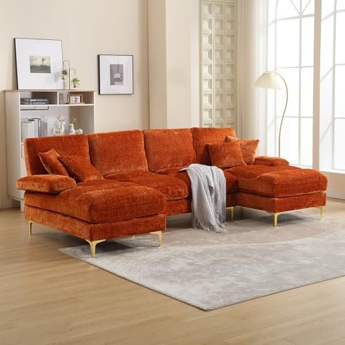 RWUDV U-formad soffa med schäslong, 4-sitsig hörnsoffa med sovfunktion, stor sektionssoffa med dubbla liggstolar, stoppad soffa, hörnsoffa med kudde, chenille-tyg