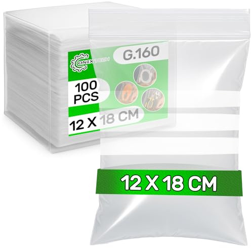 100 Piezas Bolsas Zip con Bandas Blancas 12 x 18 cm LDPE - Food Safe - Bolsas con Cierre Zip para Chuches Congelacion Comunion Alimentos Galletas - Espesor 0,04 mm G.160 - ONIX TECH