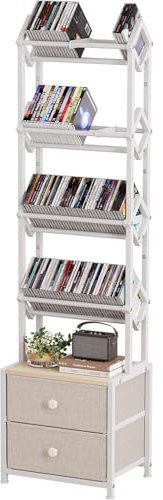 Epouseter CD Storage Rack with Drawers, 5-Tier Media Organizer DVD Storage Shelf, Large Capacity for CD/DVD, Books & Games, Ideal for Living Room & Home Office, 15.7×11.8×58.7Inches