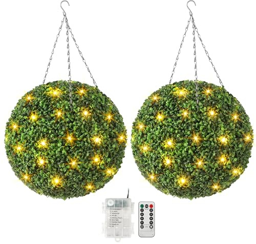 Garvee 2 bolas artificiales de boj artificial de 20 pulgadas y 4 capas con luz, bolas decorativas de boj sintético verde para todo el año para patio, balcón, jardín, boda y decoración del hogar
