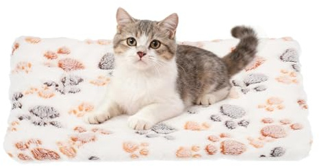 sourcing map Dog Cat Bed Mat, Soft Coral Fleece Pet Cushion Pad with Cute Paw Print, Warm Washable Pet Bed 13x10 Inches, (White), Intended for Medium Small Dog Cat
