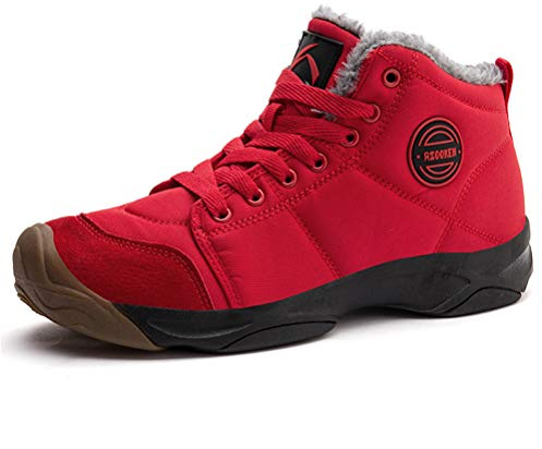 Azooken Homme Femme Chaussures Trekking Randonnée Bottes de Neige Hiver Imperméable Outdoor Boots Fourrure Cuir Imperméable Sneakers（6118-red38）