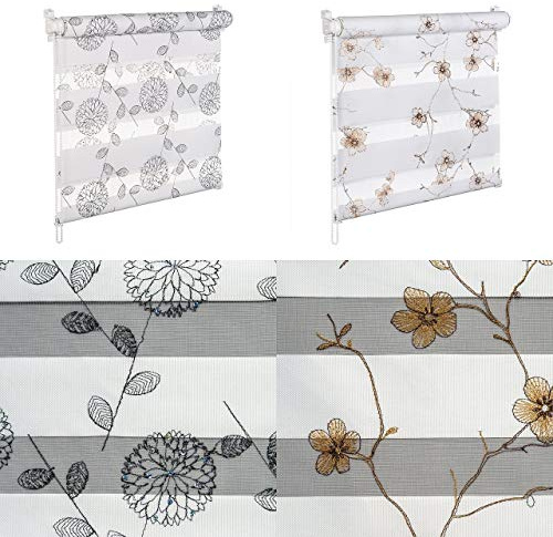 KSHANDEL24 dubbelrullgardin med paljetter och glansfiber, koppar, brun, vit, svart, blommönster (blommor, svart med paljetter, 70 x 150 cm)
