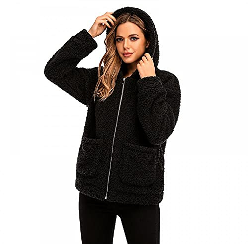 YYW Women's Coat Casual Faux Fur Jacket Shaggy Oversized Shearling Winter Coat for Women Long Sleeve Zipper Teddy Outwear (Black,L)