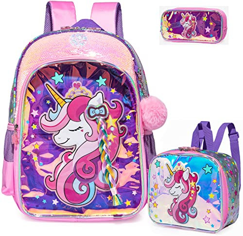 Egchescebo Sac a dos Pour D'école Enfants Cartable Fille Livre Primaire Voyage Licorne Transparente Tresse Travel Bag Personnalisé Avec Boîte à Lunch et Pochette Crayons Enfants de 17 3PCS Rose