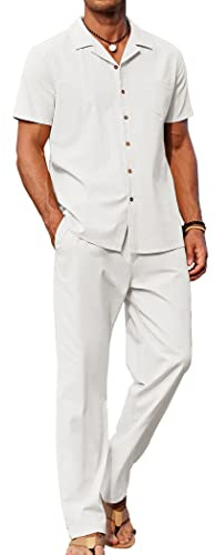 COOFANDY Men 2 Piece Linen Sets Outfits Beach Wedding Shirts and Pants Leisure Suit