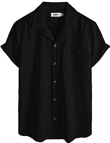 VATPAVE Herren Gestreifte Sommerhemd Casual Button Down Kurzarm Strand HawaiiHemd Mittel Reines Schwarz Aloha