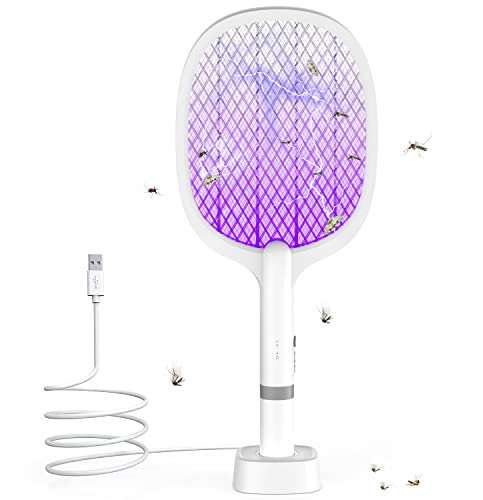 TEINNGO Elektrische Fliegenklatsche 5000V, Extra Stark Elektrische Fliegenfänger mit USB C Ladebasis, 2 in 1 Elektrisch Fliegenfänger Insektenvernichter für Mücken, Fliegen, Bienen, Motten