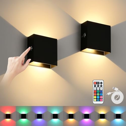 Lightess 2 Pezzi RGB Applique da Parete Interno LED, Lampada da Parete Ricaricabile, Applique Senza Fili Touch Moderno Up Down Lampade Muro in Alluminio Lampada da Comodino Magnetica