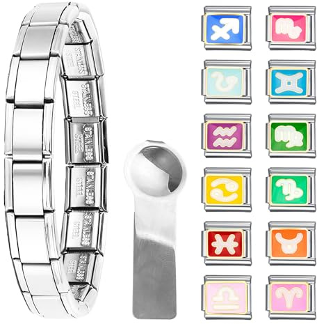 Rebanky 12 Pezzi Bracciale Italiano Charm Bracelet Modulo Link Stile Italiano Set di Ciondoli Acciaio Inossidabile con Strumento di Apertura