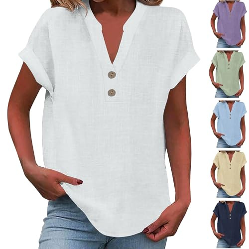 KOG Damen Tshirts Lose Leinenhemd T-Shirt Vintage Kurzarm Kleidung Teenager Mädchen Shirts Lässig Leinenbluse T-Shirts Frauen Rundhals Retro Tunika Weiß S