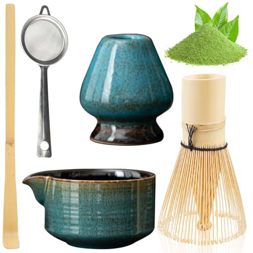 BAIFULAI Ensemble à thé matcha 5 pièces en céramique, fouet japonais, bol à matcha, porte-fouet, passoire, accessoires japonais pour la cérémonie du matcha (bleu décoloré au four)
