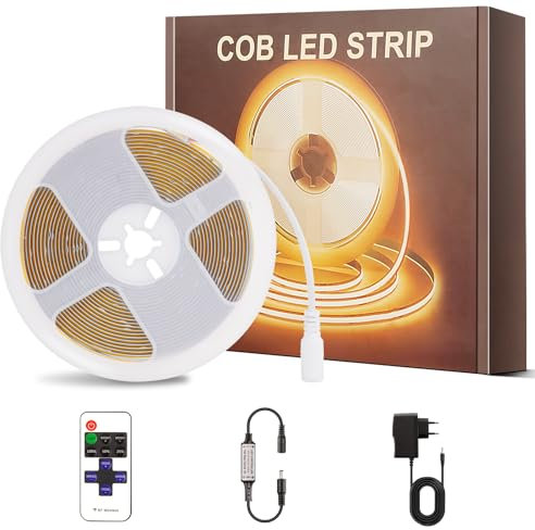 PSTAR Cob Tira Led 4M, Blanco Cálido 2700K Regulable, Con Fuente De AlimentacióN Y Control Remoto, Luz Debajo Del Gabinete 320 LED/m, Para Dormitorio/Cocina/DecoracióN Del Hogar