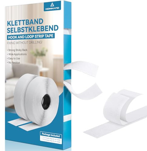 HOMMAND Hook and Loop Strip Tape, Self Adhesive Sticky Back Fastening Tape, Hook and Loop Self Adhesive Sticky Tape, Double Sided Hook and Loop Tape for Room Décor, Home, Office - 20mm x 5m, White