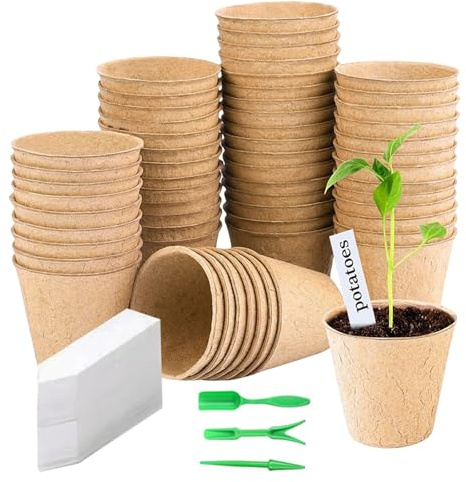 Macetas de Semillas de Fibra Biodegradables,50pcs 8cm Macetas Biodegradables,Semilleros Germinacion Macetas de Turba,con 3 Herramientas de Jardín y 50 Etiquetas de Plantas,para Plántulas y Plantas