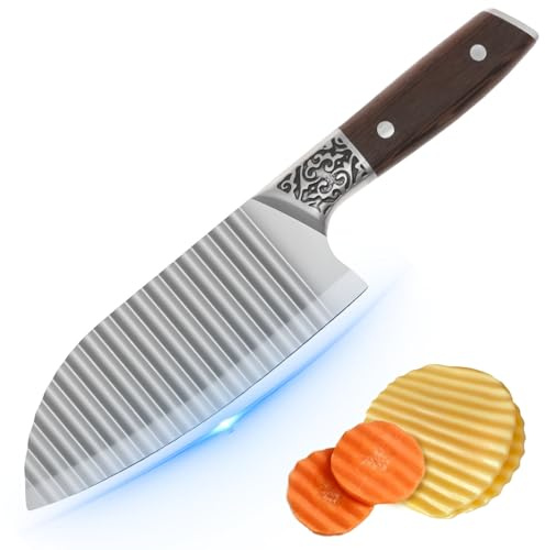Gatphy Vågkniv för grönsaker rostfritt stål 304, blad 17,2 cm, vass vågkniv med wenge-handtag räfflad kniv skärning för Crinkle potatis kål morot sötpotatis