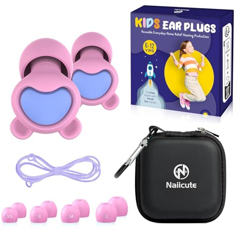 Kids Ear Plugs (6+yrs), Reusable Everyday Noise Reduction Earplugs for Focus, Travel, Socializing, Concerts, Events, Sensitivity, School, Playtime – Children Hearing Protection, 26 dB, 4 Sizes Tips