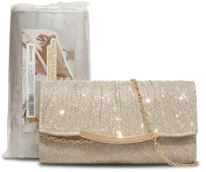 Barpre Champagne Gold Clutch Bag for Women, Sparkly Glitter Evening Bag Purse with Detachable Chain Strap, Wedding Party Clutch Bag, Gift for Her